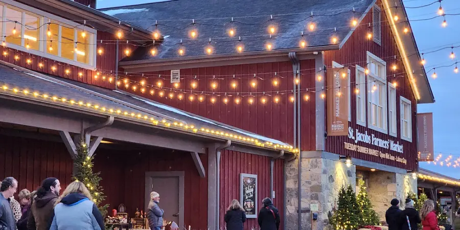 red market building with strings of lights